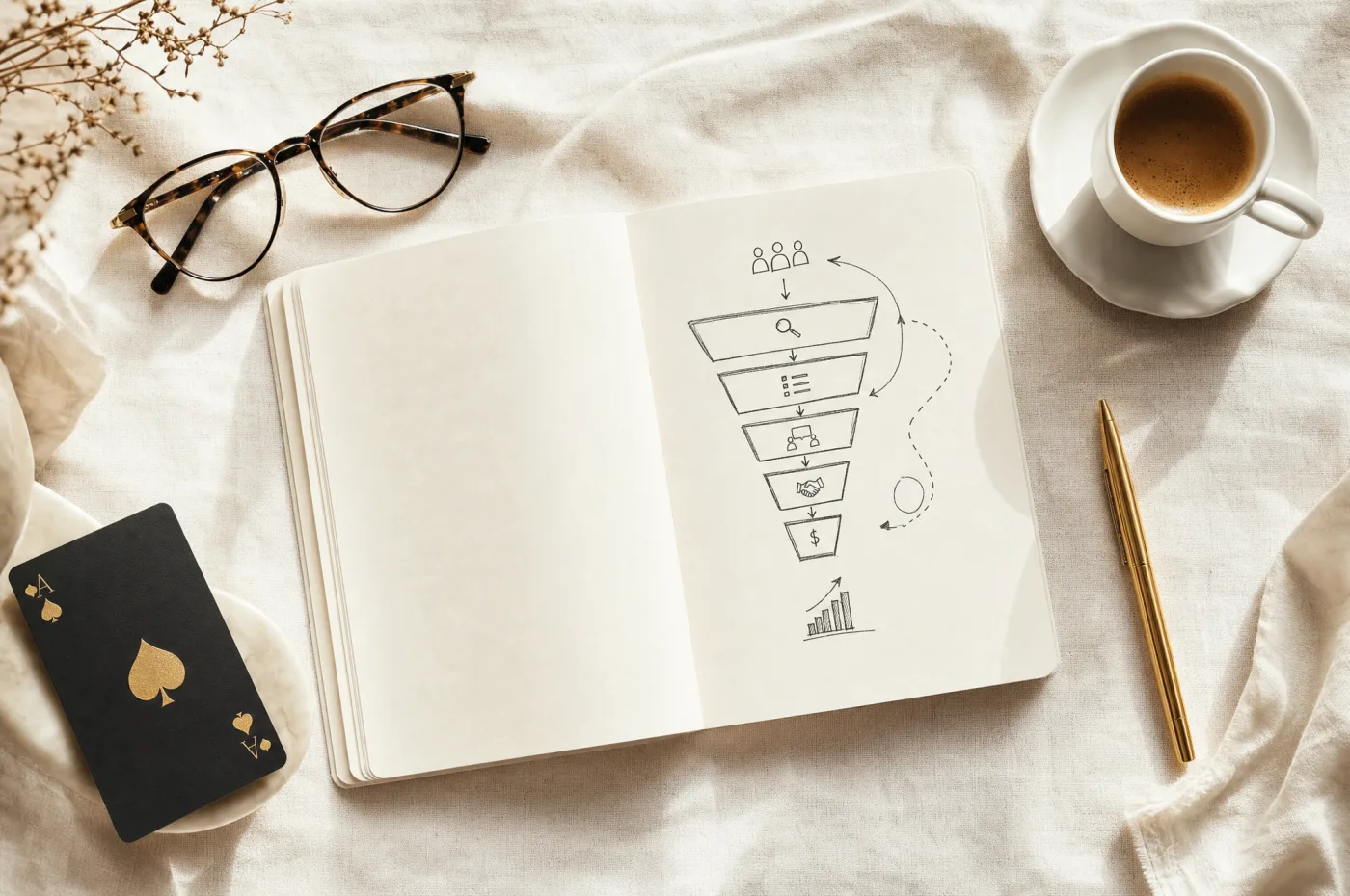 Notizbuch mit Vertriebsprozess-Skizze, Pik-Karte und Espresso